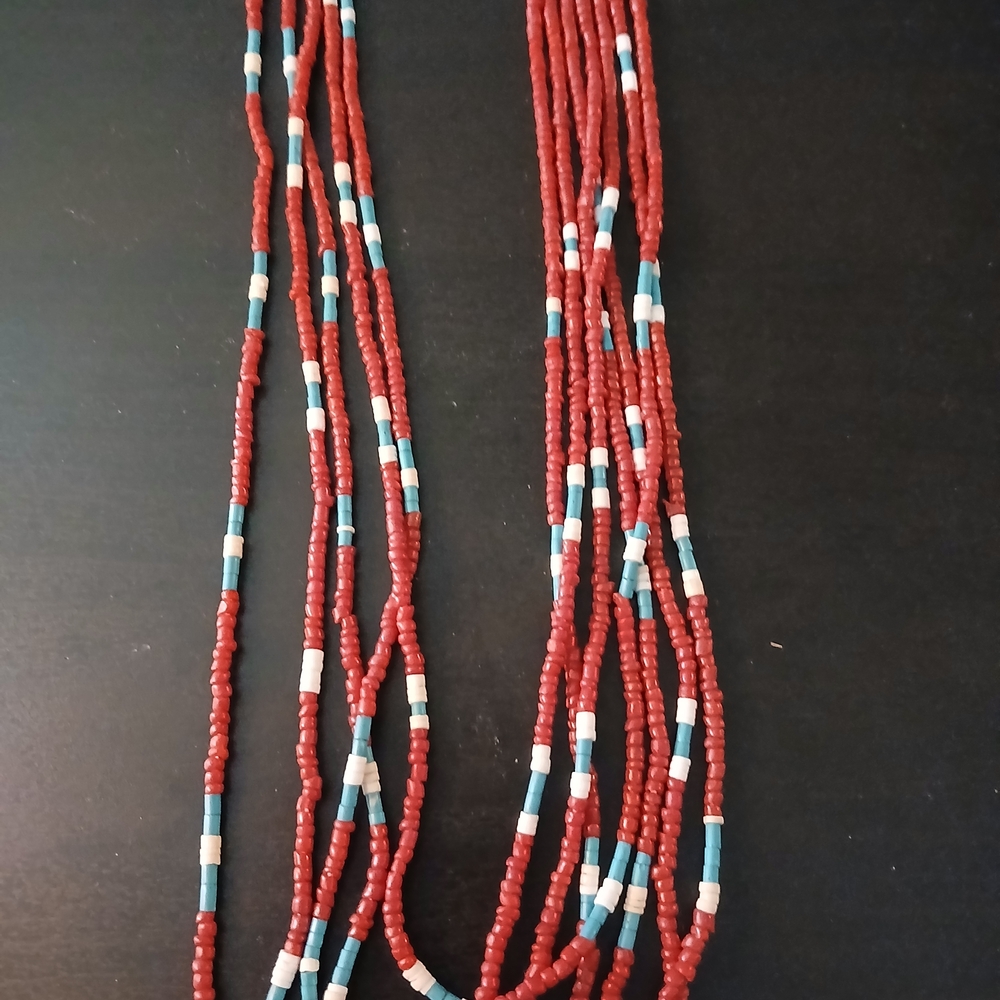 Elegant Multistrand Red and Blue Beaded Necklace